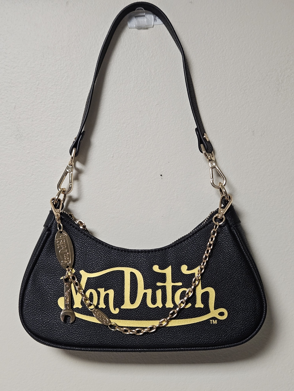 Von Dutch Black Shoulder Bag with Gold Logo and Chain Accents Streetwear Y2K